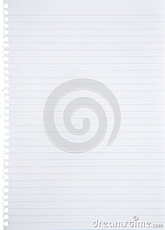 Blank lined white paper sheet torn out from notebook background with blue lines, margin and holes with copy space - isolated Stock Photo