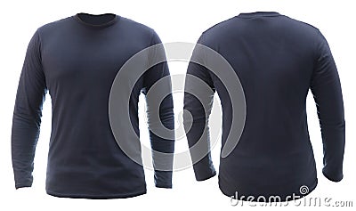 Blank long sleeved shirt mock up template, front and back view, plain dark navy blue t-shirt isolated on white.Tee design mockup Stock Photo