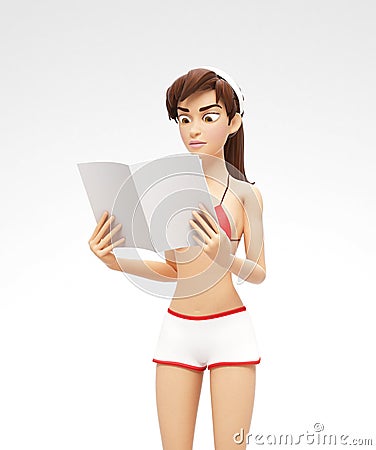 Blank Magazine Cover or Brochure Mockup Held by Puzzled and Engaged Jenny - 3D Cartoon Female Character in Swimsuit Bikini Stock Photo