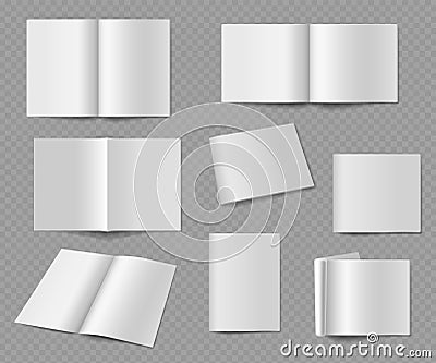 Blank magazine. Realistic empty album or book mockup frontally and from different angles presentation publication, paper Vector Illustration