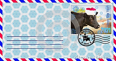 Blank mailing envelope with a stamp depicting a bull wearing a Santa Claus hat. Content for the designer Stock Photo