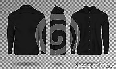 Blank male black shirt template. Realistic Men shirt with long sleeves front, side, back view. Casual Cotton Shirt Vector Illustration