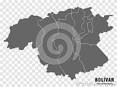 Blank map Bolivar State of Venezuela. High quality map Bolivar State with municipalities Vector Illustration