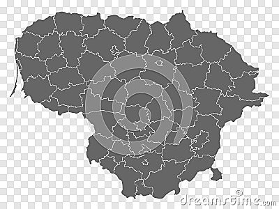 Blank map of Lithuania. Departments and Districts of Lithuania map. High detailed gray vector map of Republic of Lithuania on tra Vector Illustration