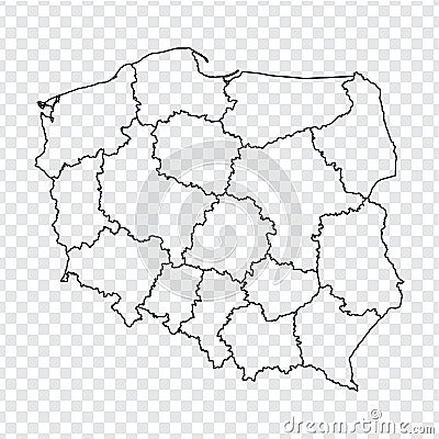 Blank map Republic of Poland. High quality map of Poland with provinces on transparent background for your web site design, logo, Vector Illustration