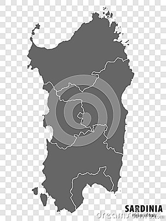 Blank map Sardinia of Italy. High quality map Region Sardinia with municipalities on transparent background Vector Illustration