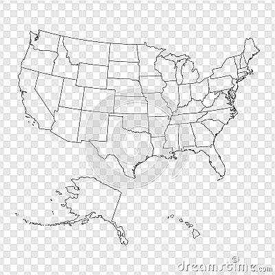 Blank map United States of America. High quality map of USA with federal states on transparent background for your web site design Vector Illustration