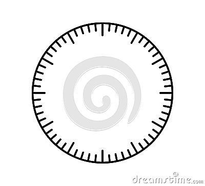 Blank mechanical clock face divided into seconds and minutes. Round meter scale. Watch dial. Timer template. Simple Vector Illustration