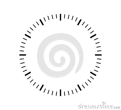 Blank mechanical clock face divided into seconds and minutes. Round meter scale. Watch dial. Timer template. Simple Vector Illustration