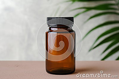 Blank medical bottle mockup for pills. Transparent dark bottle of amber glass with green plant. Herbal medicine concept Stock Photo