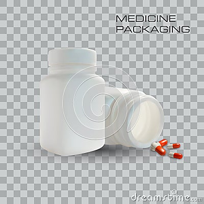 Blank medicine bottle and pills on transparent background. Vector Illustration. Template for business Vector Illustration