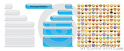 Blank message bubbles with emoji. Blue chat or messenger speech bubble. SMS text frame. Short message sending Vector Illustration