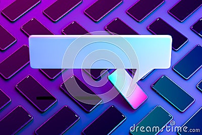 Blank Message Notification. Speech Bubble on Mobile Phone With Multicolored Screen. Online Communication. 3d rendering. Stock Photo