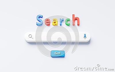 Blank minimal search bar box on website interface background with searching or finding button. 3D rendering Stock Photo