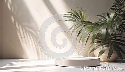 Blank minimal white counter podium, soft beautiful dappled sunlight, tropical palm foliage leaf shadow on wall Stock Photo