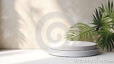 Blank minimal white counter podium, soft beautiful dappled sunlight, tropical palm foliage leaf shadow on wall for luxury hygiene Stock Photo