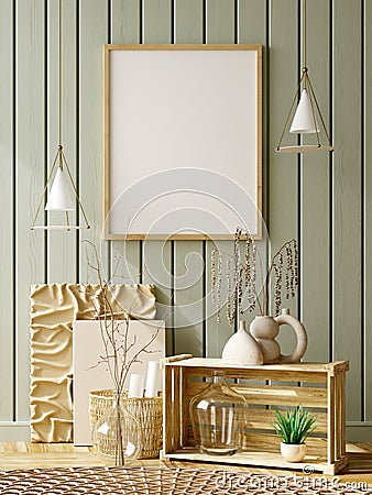 Blank mock up poster on olive color paneling wall, interior background, home decor over the wooden planks wall. Weave rug on the Stock Photo