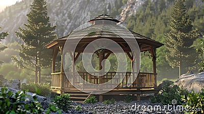 Blank mockup of a mountain retreat park gazebo decorated with rustic and woodsy wraps. Stock Photo