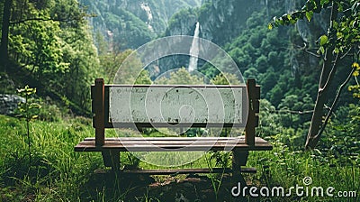 Blank mockup of a scenic viewpoint sign with a waterfall image and serif font. Stock Photo