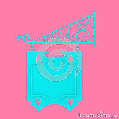 Blank Monochrome Blue Hanging Sign with Free space for Your Design and Floral Forging Elements in Duotone Style. 3d Rendering Stock Photo