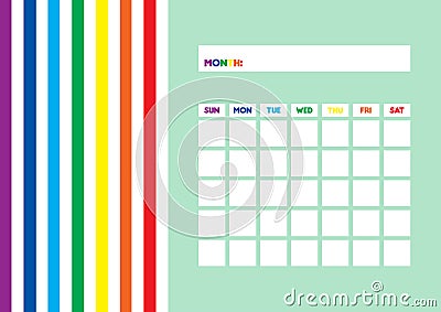 Blank Monthly Calendar Template Rainbow, Undated Monthly Planner Stock Photo