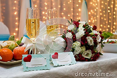 Blank Name Plates on Decorated Table Stock Photo