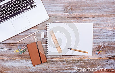 Blank note pad paper with copy space, office desk flat lay Stock Photo