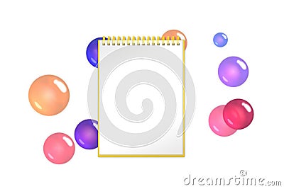 Blank notebook with crimson bubbles, spheres and balls on background Stock Photo