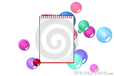 Blank notepad with crimson balls and bubbles on background Stock Photo
