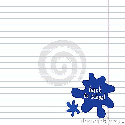 Blank notepad page with ink blots. School squared paper with ink drops. Vector Illustration