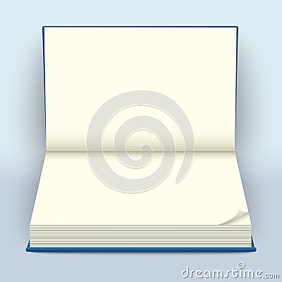 Blank open hard-cover book mockup. Empty notebook spread with folded paper edge or page curl. Vector illustration. Vector Illustration