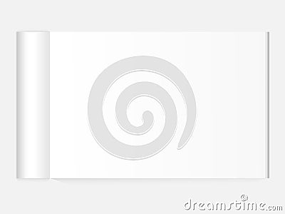 Blank open magazine with rolled page on neutral grey background. Vector Illustration