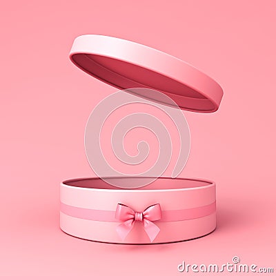 Blank open pink round gift box or cylinder present box with pink ribbon bow on light pink orange pastel Stock Photo