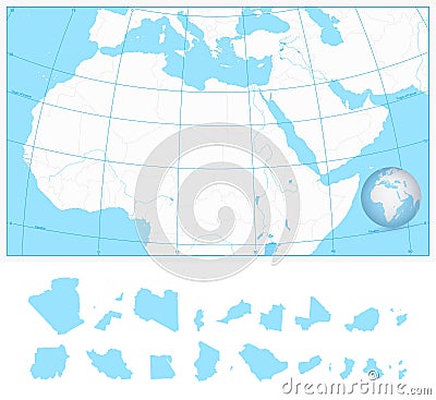 Blank outline map of Northern Africa and the Middle East Vector Illustration