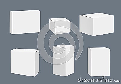 Blank packages mockup. Quadrate white closed boxes containers vector realistic template isolated Vector Illustration