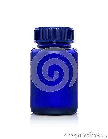 Blue transparent glass supplement product bottle Stock Photo
