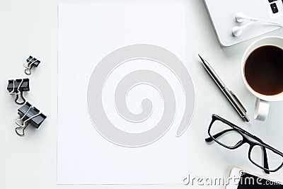 Blank paper on the business desk table. Top view, flat lay Stock Photo