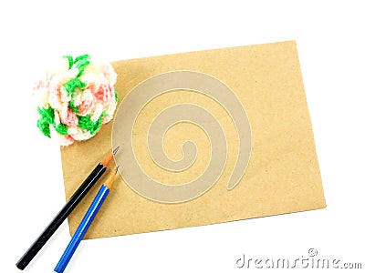 Blank paper and color pen decoration with crocheted flower and space for copy Stock Photo