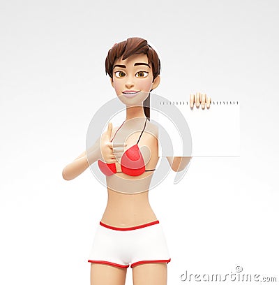 Blank Paper Notepad Mockup Held by Smiling and Happy Jenny - 3D Cartoon Female Character in Swimsuit Bikini Stock Photo