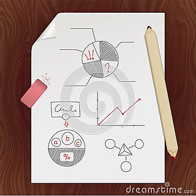 Blank paper page, pencil, eraser, chart template Vector Illustration