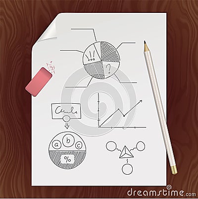 Blank paper page, pencil, eraser, chart template Vector Illustration