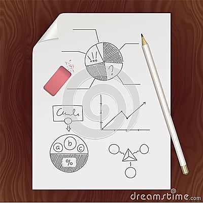 Blank paper page, pencil, eraser, chart template Vector Illustration