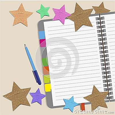 Blank paper with paper stars and notes on the desk. Vector Illustration