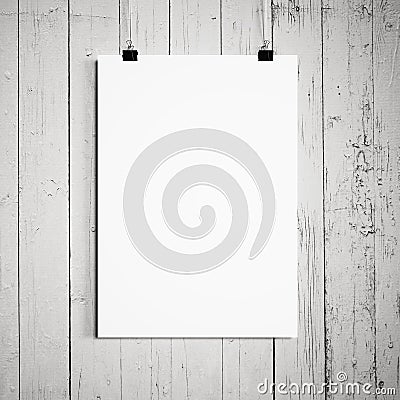Blank paper poster on white wall. 3d Stock Photo
