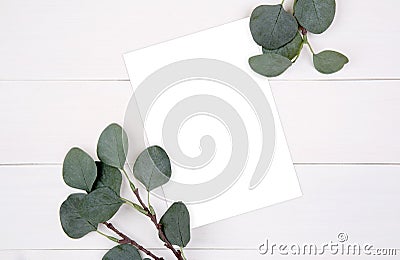 Blank paper sheet copy space with mockup and leaf on wooden table, poster and invitation. Stock Photo