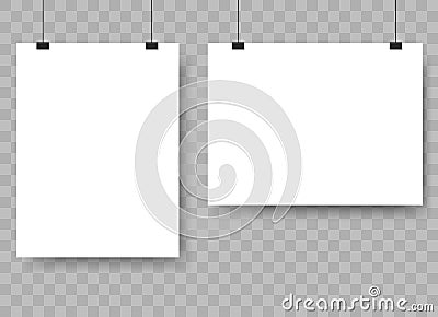 Blank paper sheet hanging on binders. Advertising banner mockup on the wall. Vector Vector Illustration