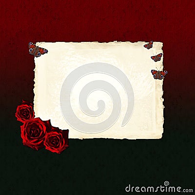 Blank paper sheet with red roses and butterflies Stock Photo