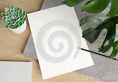 Blank paper on wooden desk Mockup. 3d rendering of A4 empty white sheet on concrete plate with monstera plant, cactus and pencil Stock Photo