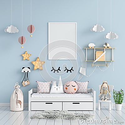 Blank photo frame mockup in blue child room, 3D rendering Stock Photo