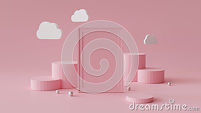 Blank picture frame with cylinder podium. Abstract geometric background. 3D rendering. Stock Photo